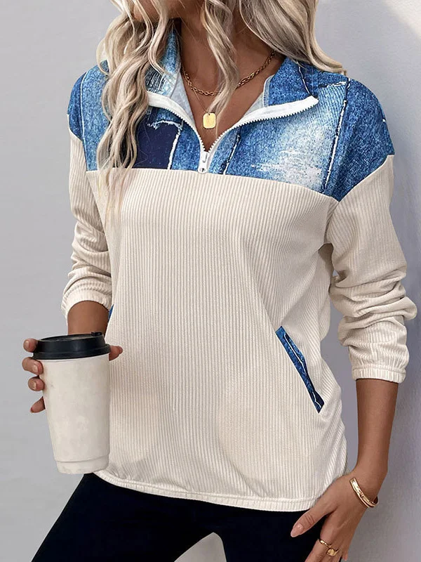 Women's Shawl Collar Geometric Zipper Casual Spring/Fall Long Sleeve Sweatshirt