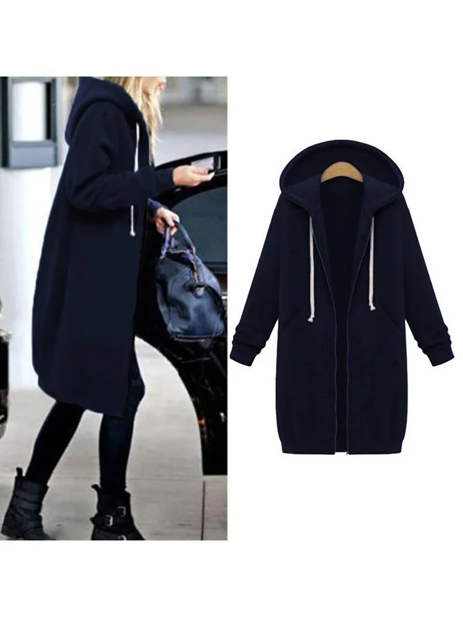 Women's Winter Outerwear Casual Plain Mid-long Hoodie Overcoat