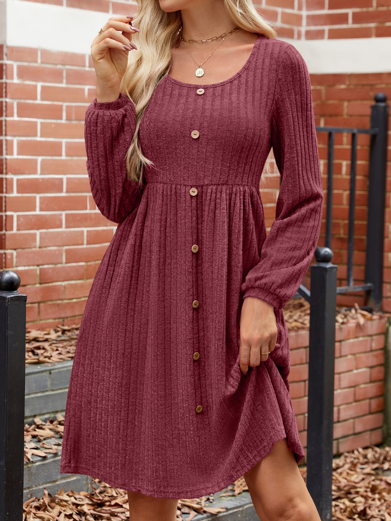 Women's Long Sleeve Summer Plain Dress Crew Neck Balloon Sleeve Daily Going Out Casual Knee Length A-Line