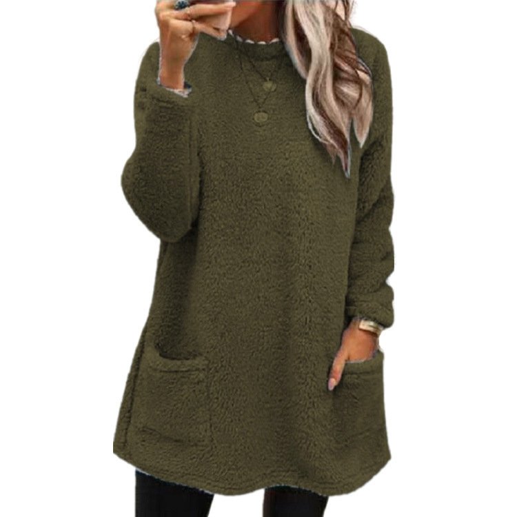 Women's Long Sleeve Spring/Fall Plain Fluff/Granular Fleece Fabric Dress Crew Neck Daily Going Out Casual Midi H-Line