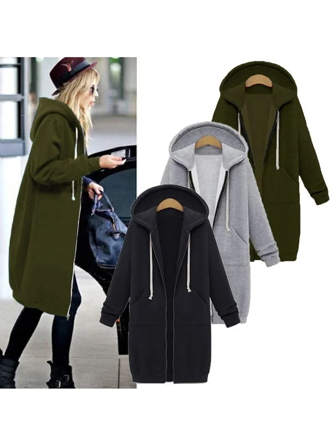 Women's Winter Outerwear Casual Plain Mid-long Hoodie Overcoat