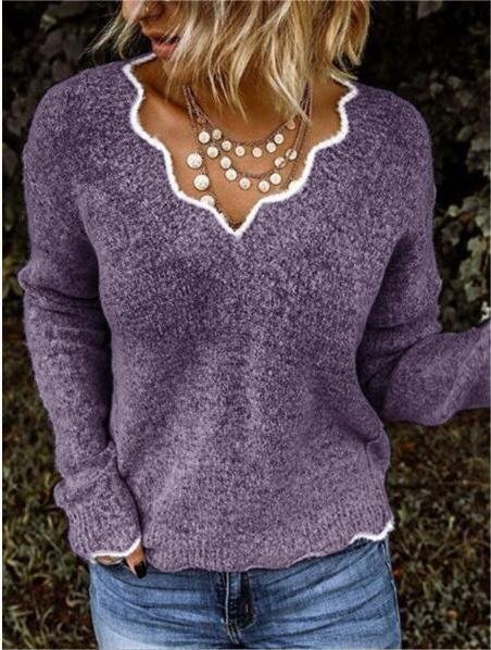 Women's Spring/Fall Plain Vintage Long Sleeve V Neck Knitted Sweater