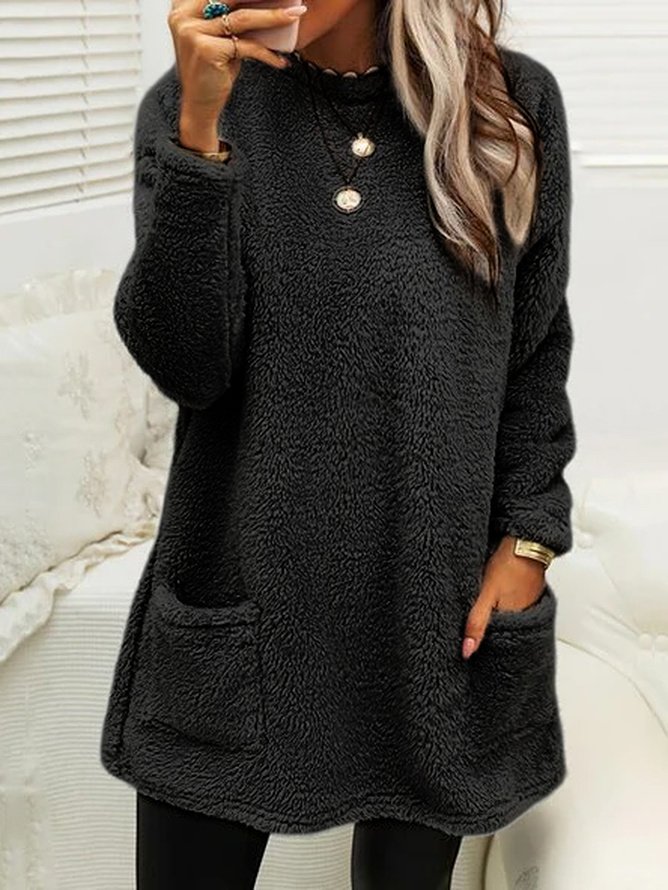 Women's Long Sleeve Spring/Fall Plain Fluff/Granular Fleece Fabric Dress Crew Neck Daily Going Out Casual Midi H-Line