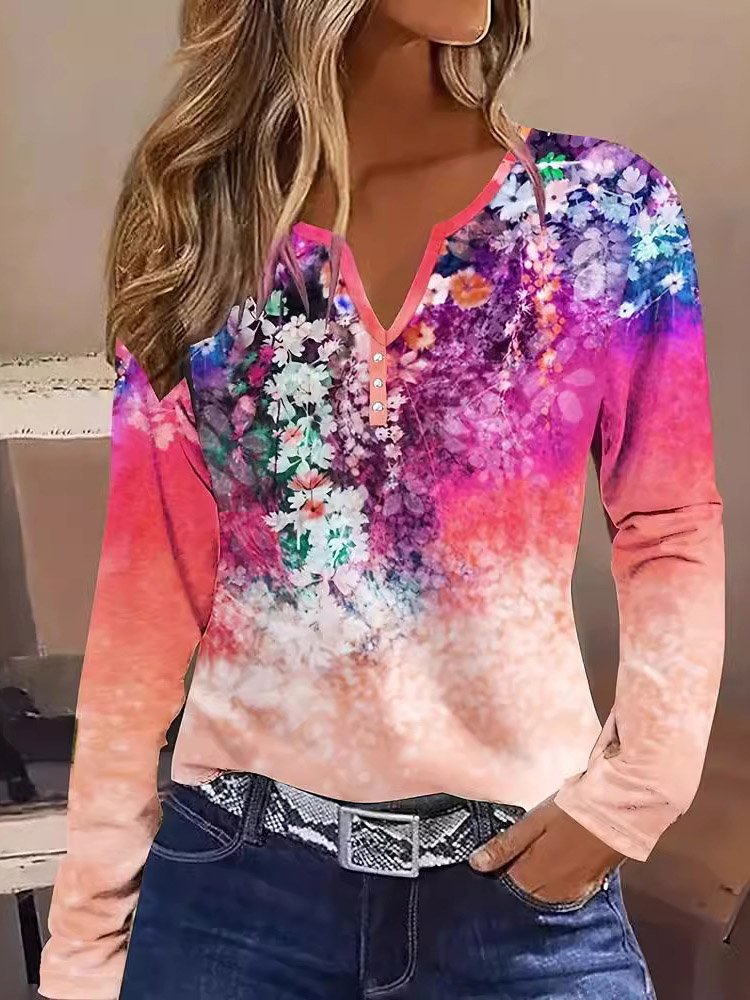 Women's Long Sleeve Blouse Spring/Fall Floral V Neck Daily Going Out Casual Top