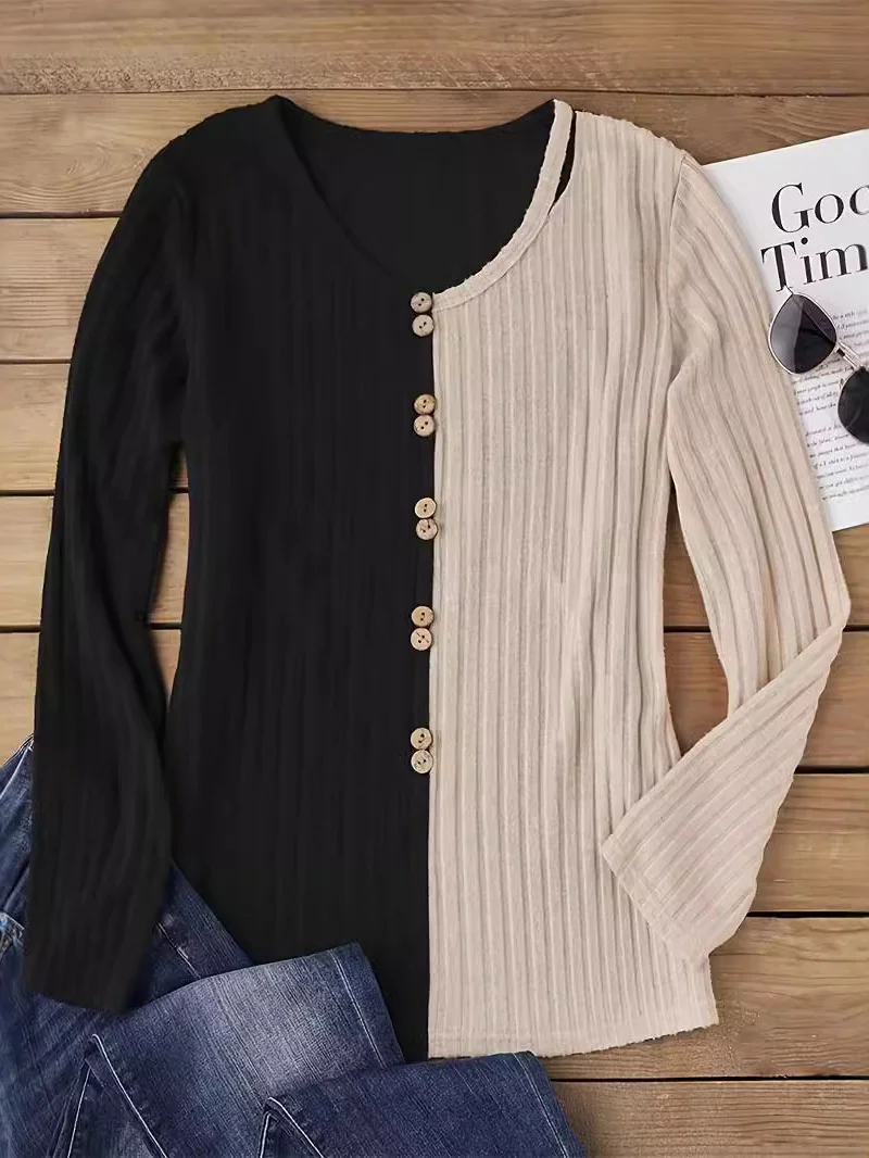 Women's Long Sleeve Blouse Spring/Fall Color Block V Neck Daily Going Out Casual Top