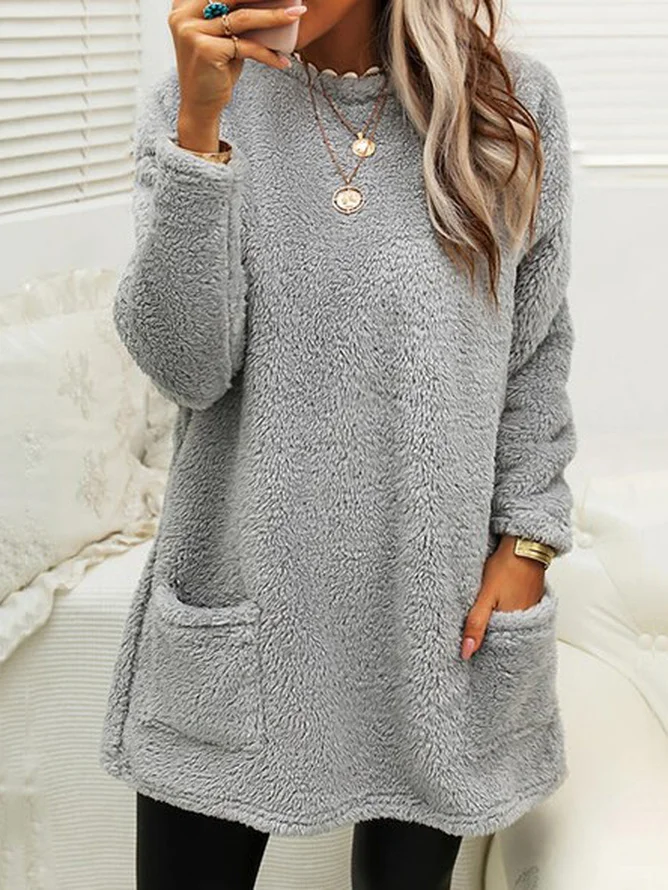 Women's Long Sleeve Spring/Fall Plain Fluff/Granular Fleece Fabric Dress Crew Neck Daily Going Out Casual Midi H-Line