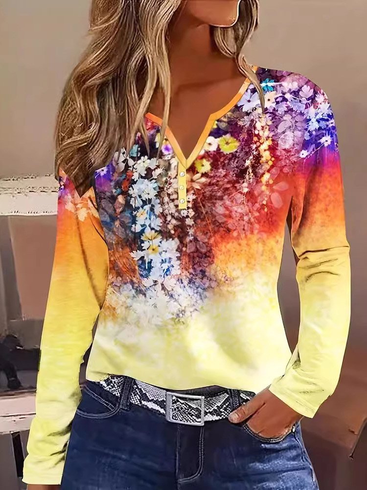 Women's Long Sleeve Blouse Spring/Fall Floral V Neck Daily Going Out Casual Top