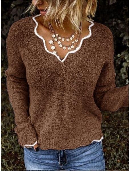 Women's Spring/Fall Plain Vintage Long Sleeve V Neck Knitted Sweater