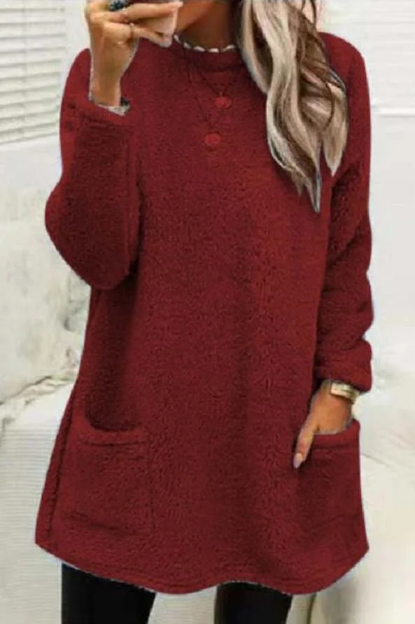 Women's Long Sleeve Spring/Fall Plain Fluff/Granular Fleece Fabric Dress Crew Neck Daily Going Out Casual Midi H-Line