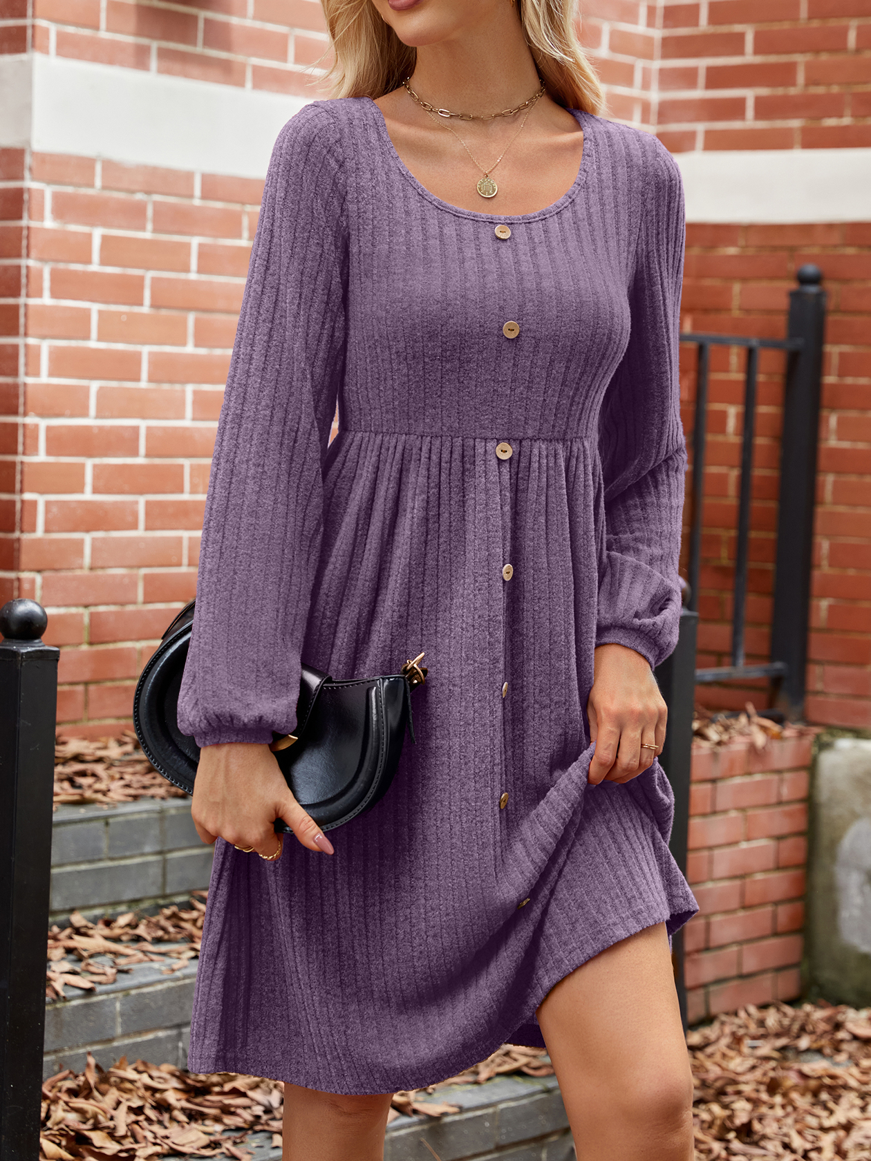 Women's Long Sleeve Summer Plain Dress Crew Neck Balloon Sleeve Daily Going Out Casual Knee Length A-Line