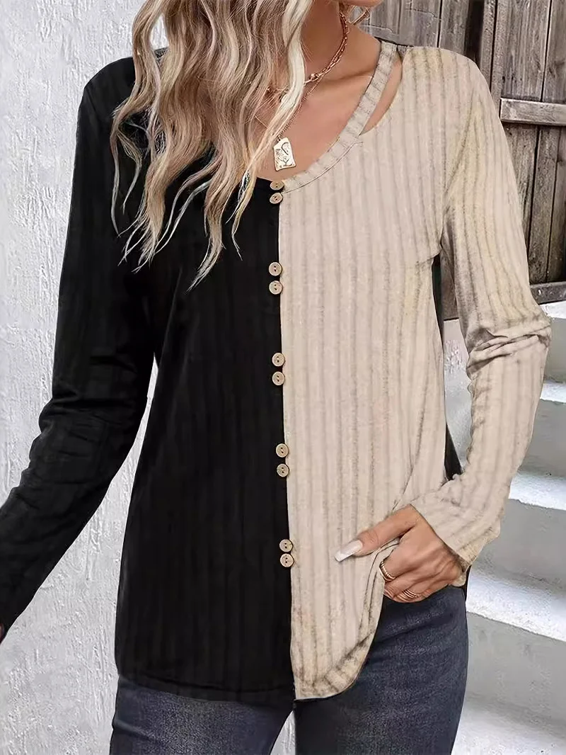 Women's Long Sleeve Blouse Spring/Fall Color Block V Neck Daily Going Out Casual Top