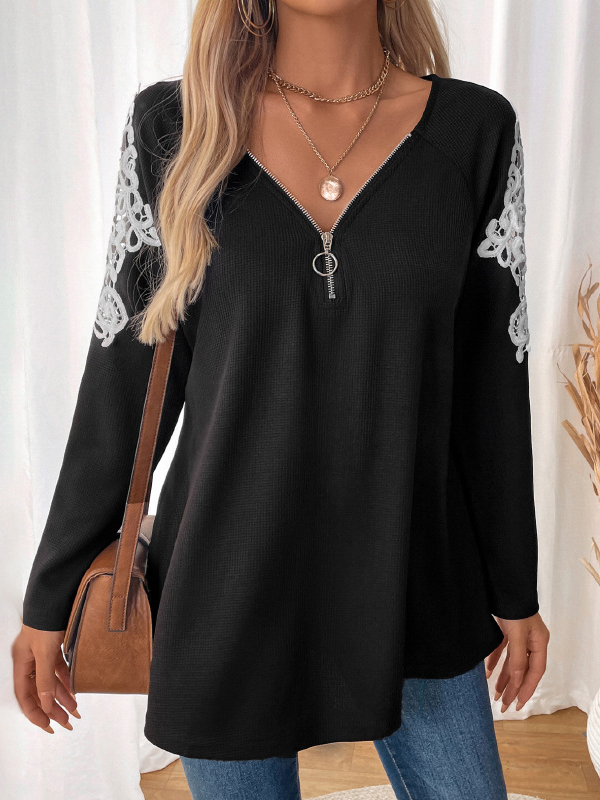 Women's Long Sleeve Blouse Spring/Fall Plain Zipper V Neck Daily Going Out Casual Top