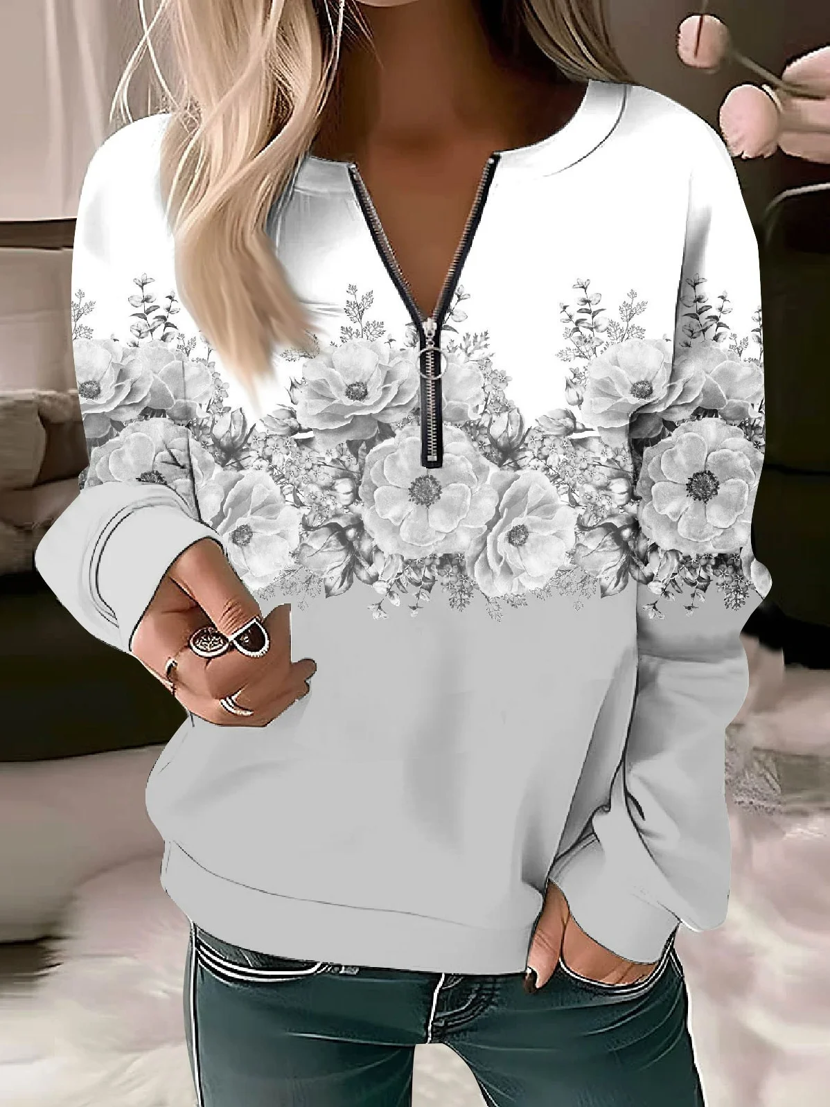 Women's V Neck Floral Zipper Casual Spring/Fall Long Sleeve Sweatshirt