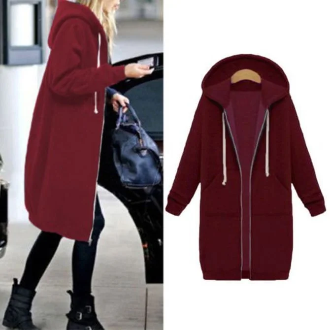 Women's Winter Outerwear Casual Plain Mid-long Hoodie Overcoat