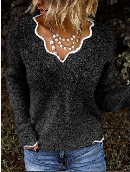 Women's Spring/Fall Plain Vintage Long Sleeve V Neck Knitted Sweater