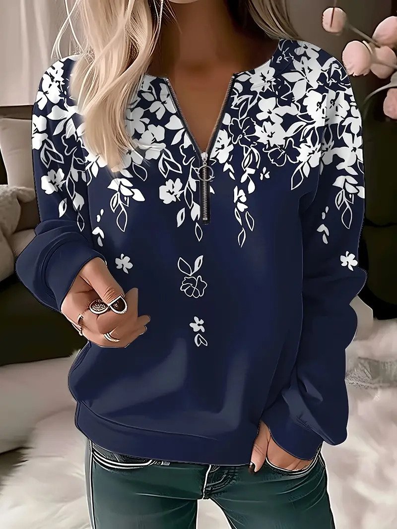 Women's V Neck Floral Zipper Casual Spring/Fall Long Sleeve Sweatshirt