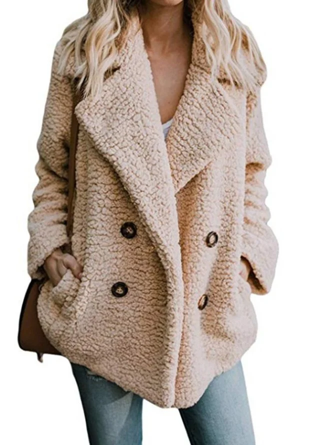 Women's Winter Outerwear Casual Plain Long Sleeve Lapel Collar Fleece Coat