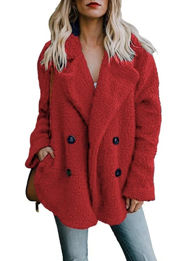 Women's Winter Outerwear Casual Plain Long Sleeve Lapel Collar Fleece Coat