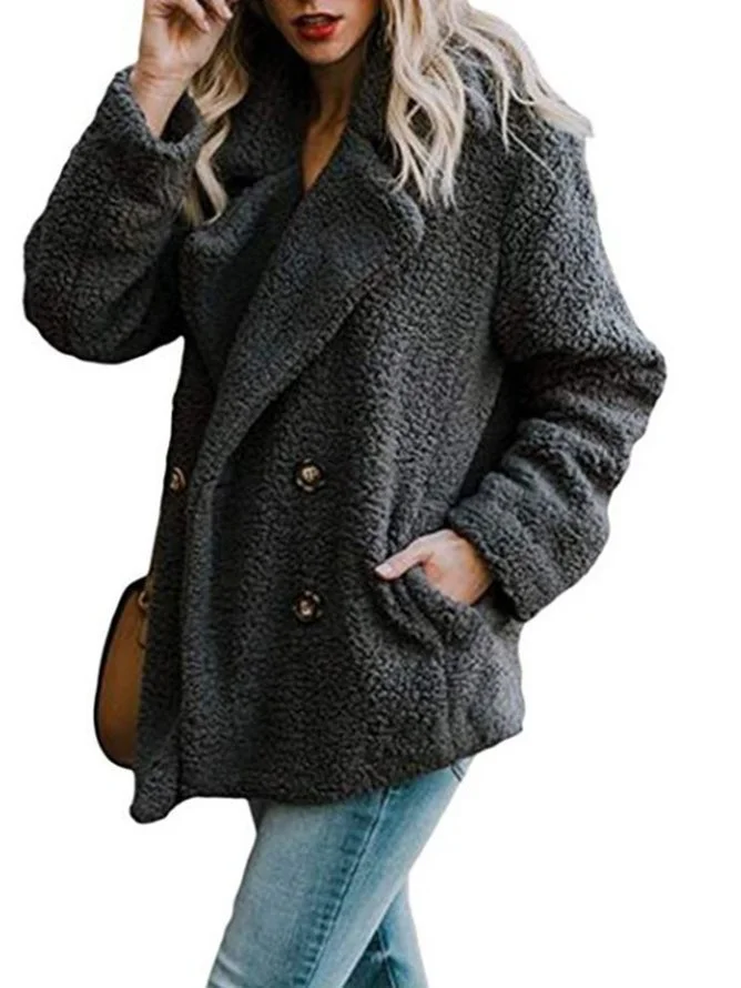 Women's Winter Outerwear Casual Plain Long Sleeve Lapel Collar Fleece Coat