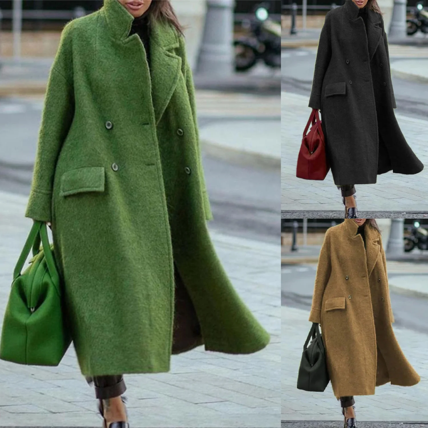 Women's Winter Outerwear Woolen Casual Plain Long Lapel Collar Overcoat