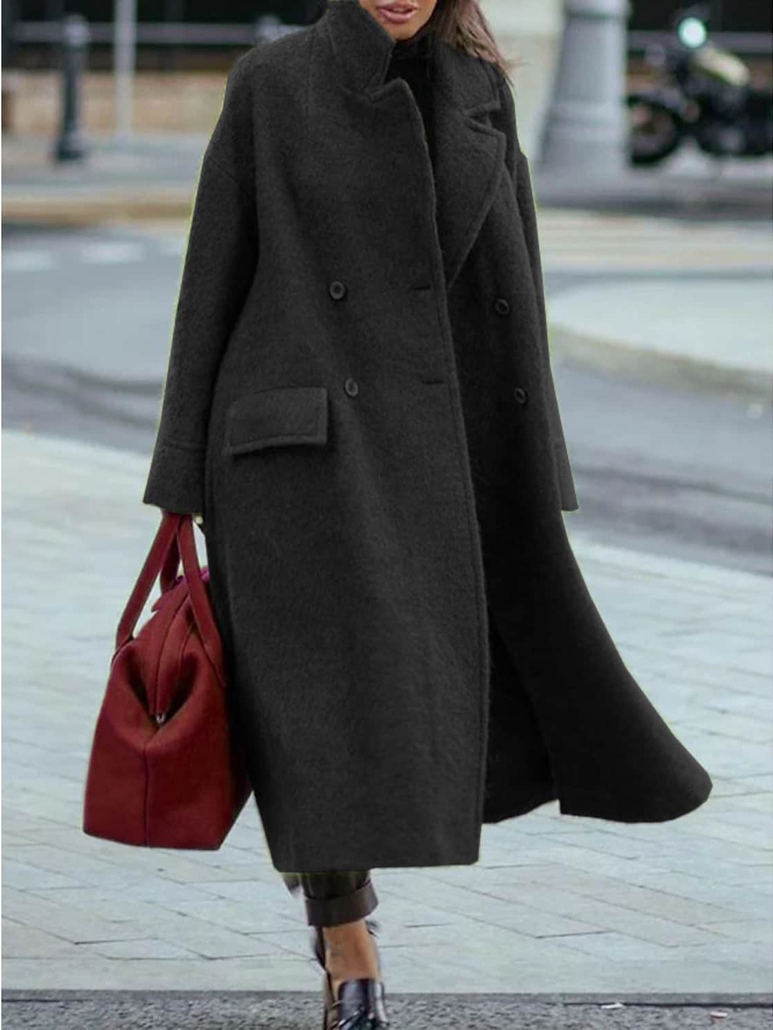 Women's Winter Outerwear Woolen Casual Plain Long Lapel Collar Overcoat