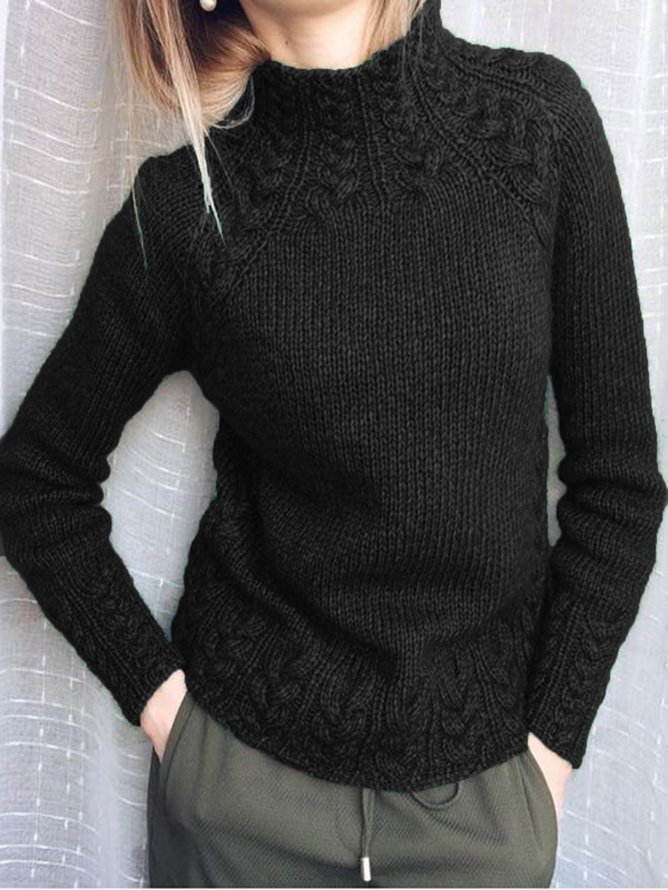 Women's Spring/Fall Plain Vintage Long Sleeve Mock Neck Knitted Sweater