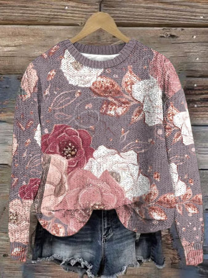 Women's Winter Floral Casual Long Sleeve Crew Neck Knitted Sweater