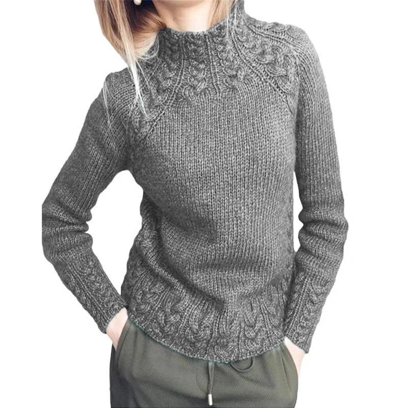 Women's Spring/Fall Plain Vintage Long Sleeve Mock Neck Knitted Sweater