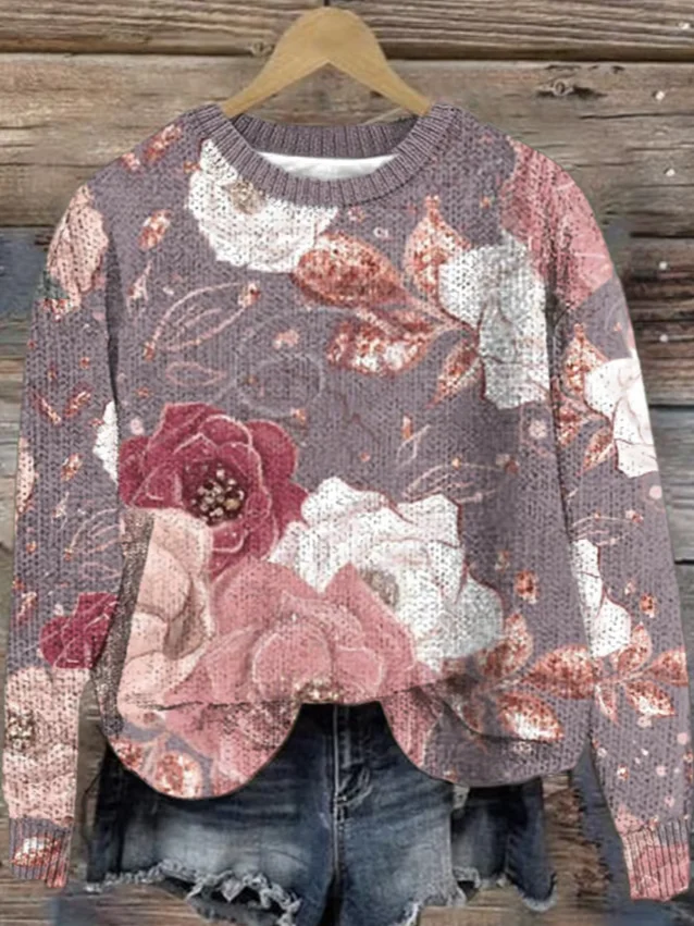 Women's Winter Floral Casual Long Sleeve Crew Neck Knitted Sweater