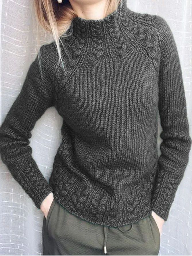 Women's Spring/Fall Plain Vintage Long Sleeve Mock Neck Knitted Sweater