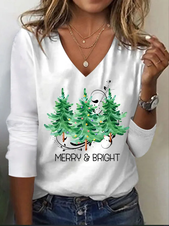 Women's Long Sleeve Tee T-shirt Spring/Fall Christmas Jersey V Neck Daily Going Out Casual Top