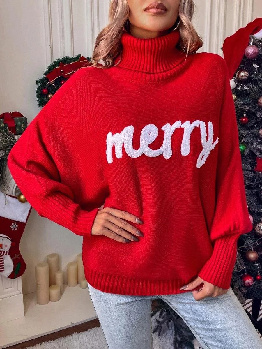 Women's Spring/Fall Text Letters Casual Long Sleeve Turtleneck Yarn/Wool Yarn Sweater