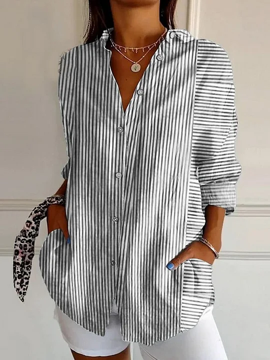 Women Striped Long Sleeve Shirt Spring/Fall Shirt Collar Daily Casual Top