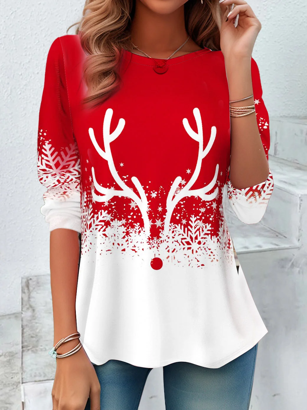 Women's Long Sleeve Tee T-shirt Spring/Fall Christmas Printing Jersey Crew Neck Holiday Going Out Casual Top