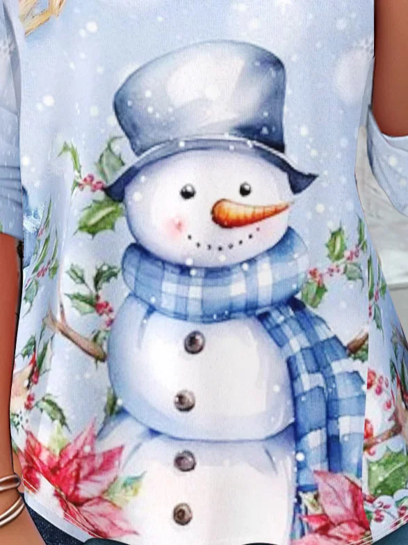 Women's Long Sleeve Tee T-shirt Spring/Fall Christmas Snowman Printing Jersey Crew Neck Holiday Going Out Casual Top