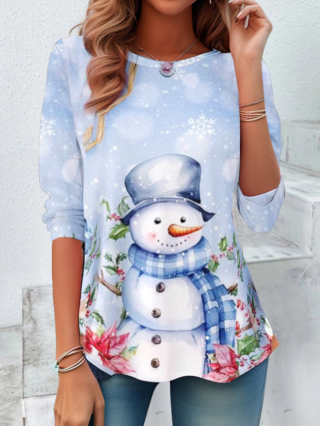 Women's Long Sleeve Tee T-shirt Spring/Fall Christmas Snowman Printing Jersey Crew Neck Holiday Going Out Casual Top