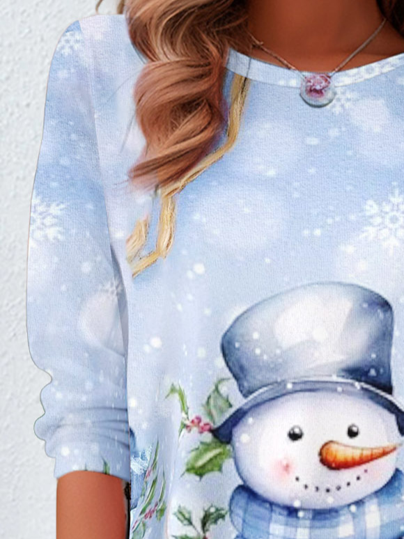 Women's Long Sleeve Tee T-shirt Spring/Fall Christmas Snowman Printing Jersey Crew Neck Holiday Going Out Casual Top