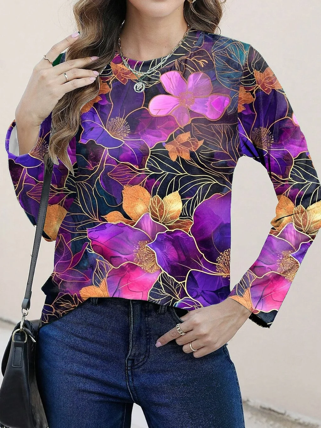 Women's Long Sleeve Tee T-shirt Spring/Fall Floral Printing Jersey Crew Neck Holiday Going Out Casual Top