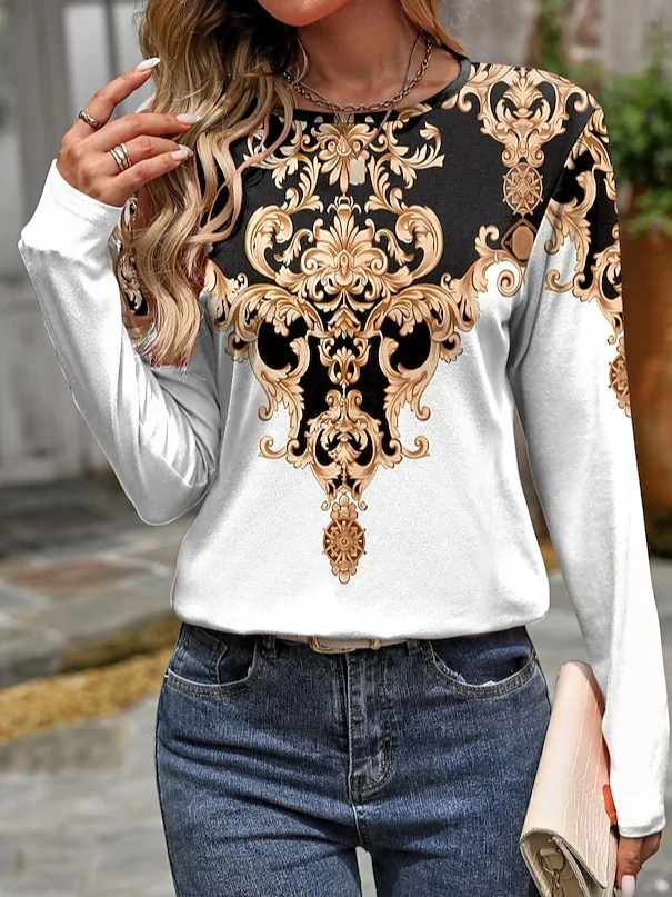 Women's Long Sleeve Tee T-shirt Spring/Fall Ethnic Printing Jersey Crew Neck Holiday Going Out Casual Top