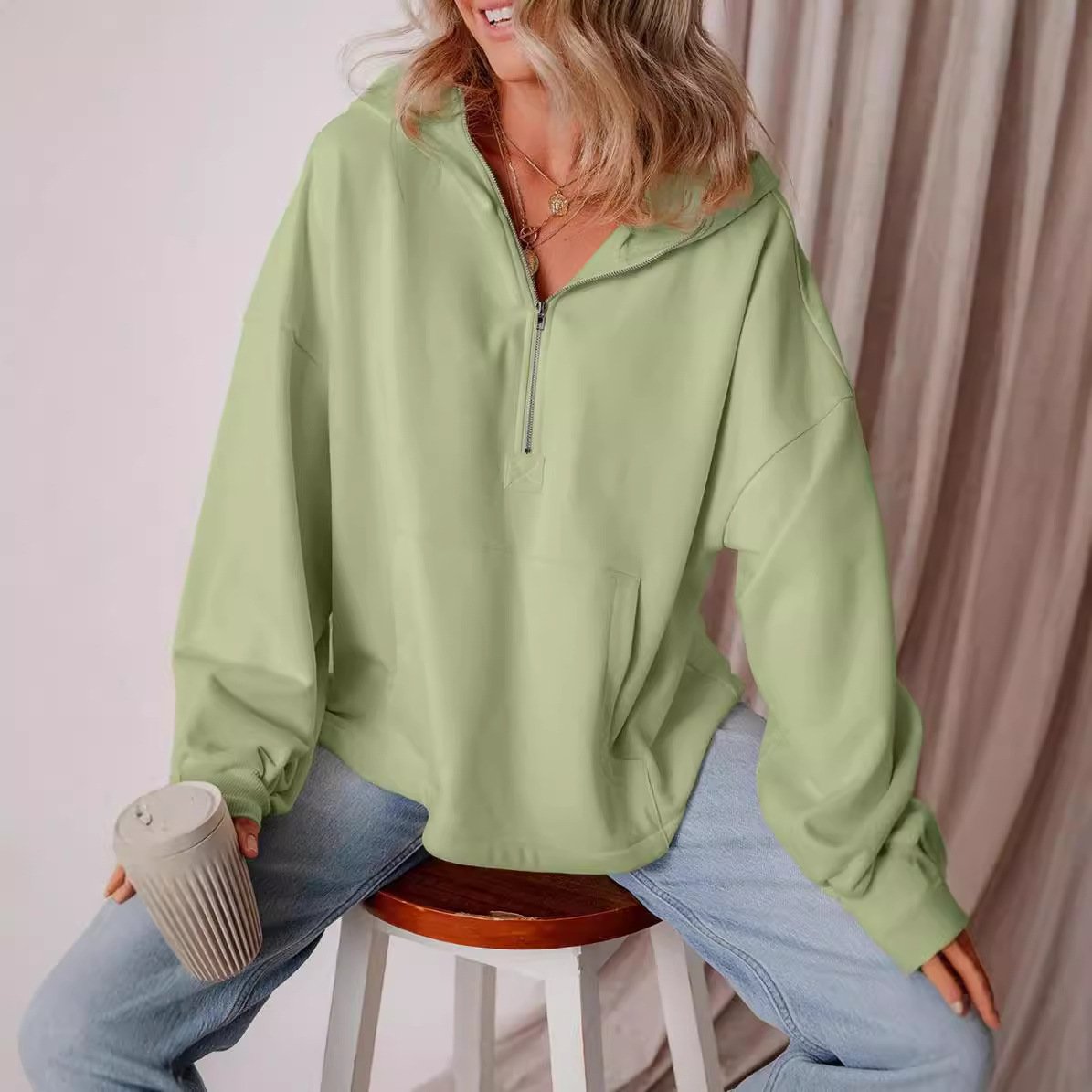 Women's Hoodie Plain Zipper Casual Spring/Fall Long Sleeve Sweatshirt