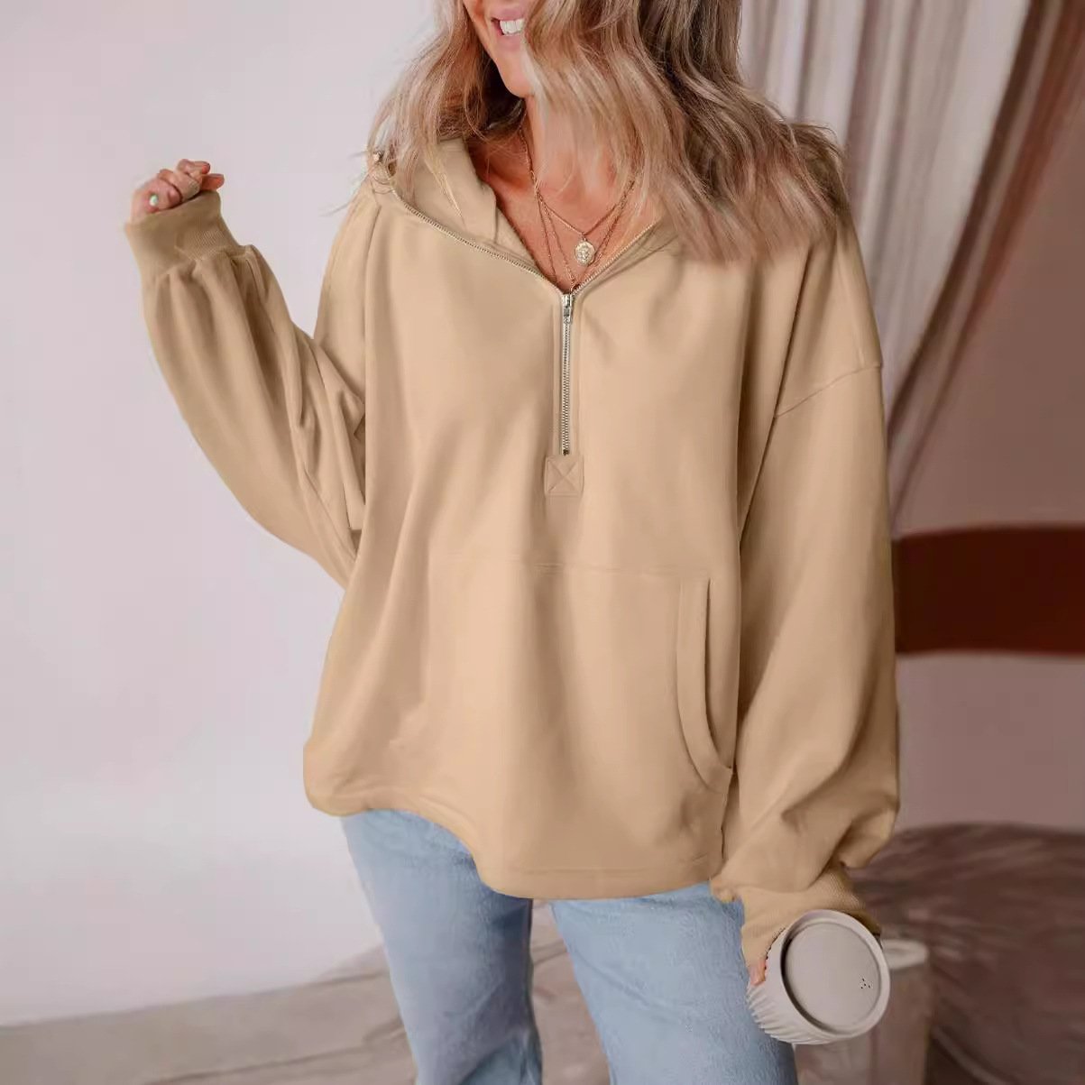 Women's Hoodie Plain Zipper Casual Spring/Fall Long Sleeve Sweatshirt