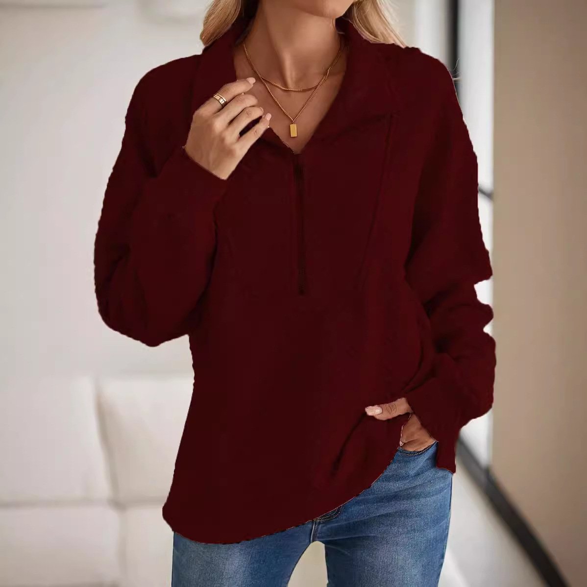 Women's Shirt Collar Plain Zipper Casual Spring/Fall Long Sleeve Sweatshirt