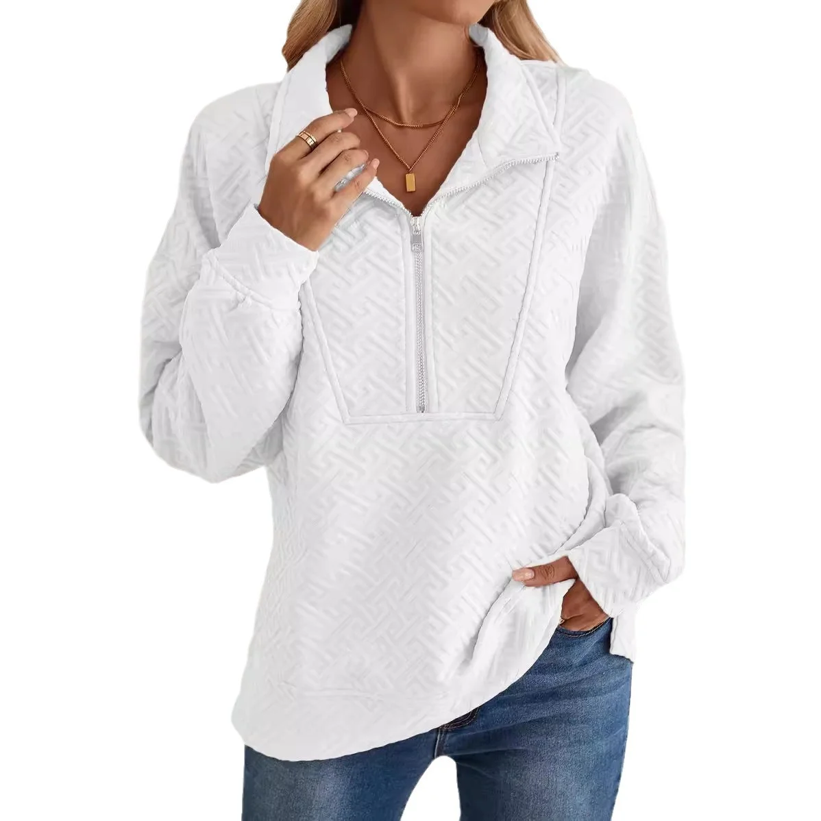 Women's Shirt Collar Plain Zipper Casual Spring/Fall Long Sleeve Sweatshirt