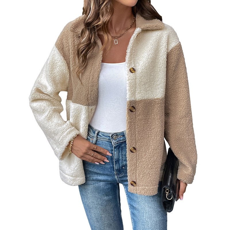 Women's Winter Outerwear Teddy Velvet Casual Color Block Long Sleeve Shirt Collar Fleece Coat