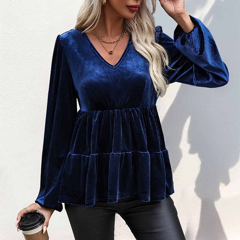 Women's Long Sleeve Blouse Spring/Fall Plain Velvet V Neck Daily Going Out Casual Top