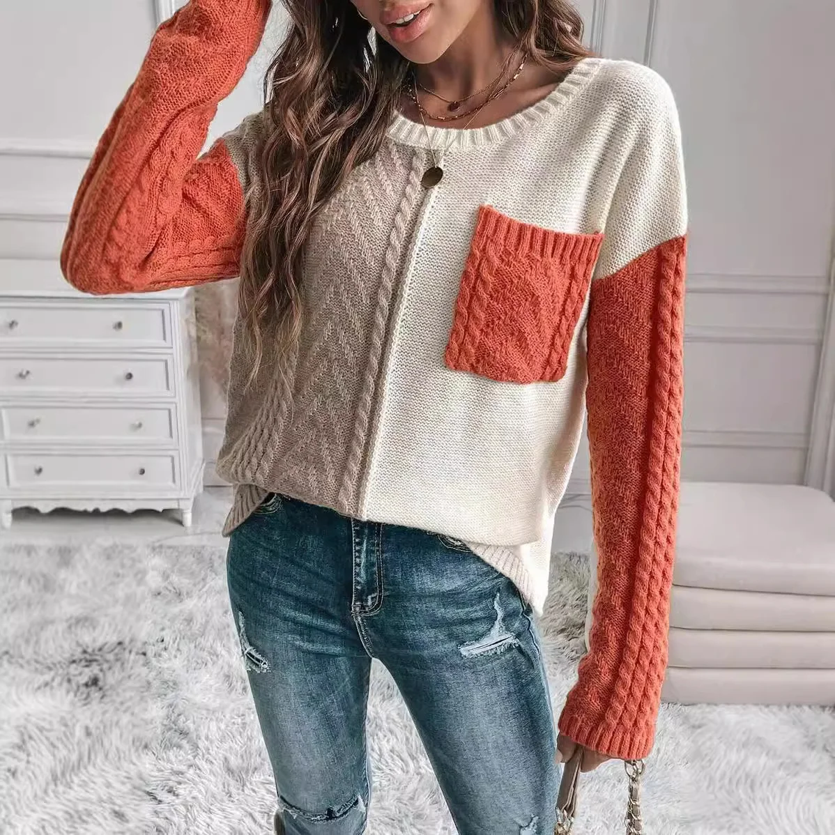 Women's Spring/Fall Color Block Casual Long Sleeve Crew Neck Wool/Knitting Sweater