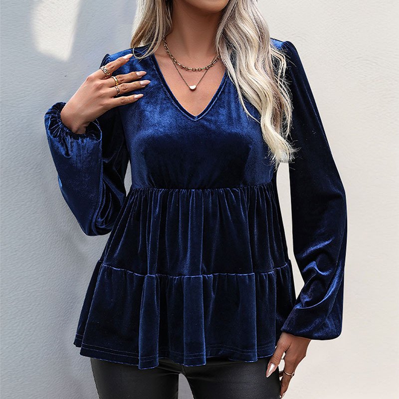 Women's Long Sleeve Blouse Spring/Fall Plain Velvet V Neck Daily Going Out Casual Top