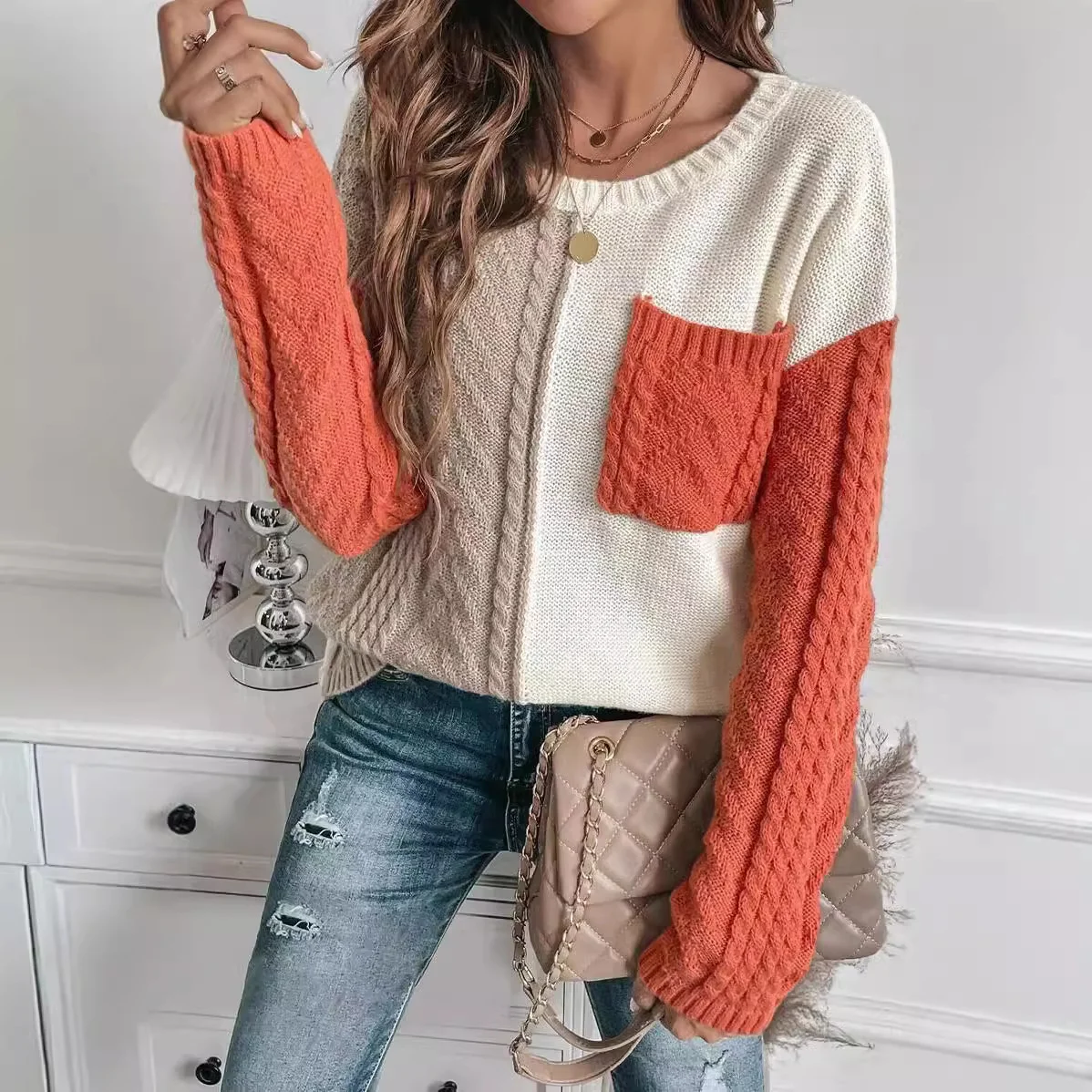 Women's Spring/Fall Color Block Casual Long Sleeve Crew Neck Wool/Knitting Sweater