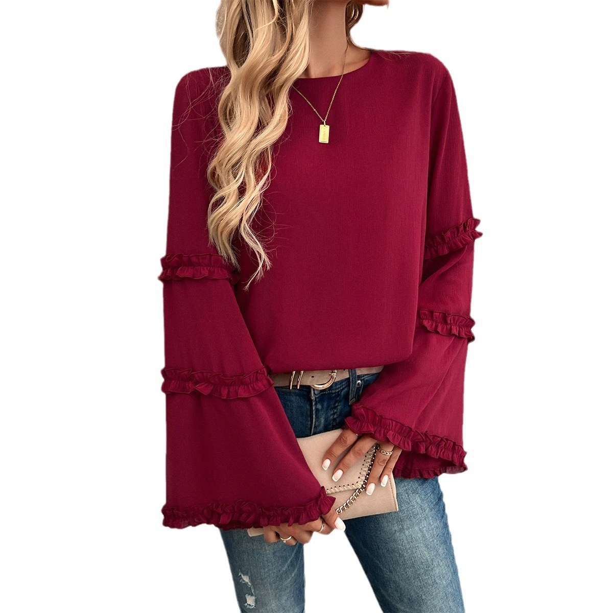 Women's Long Sleeve Blouse Spring/Fall Plain Peplum V Neck Bell Sleeve Daily Going Out Casual Top