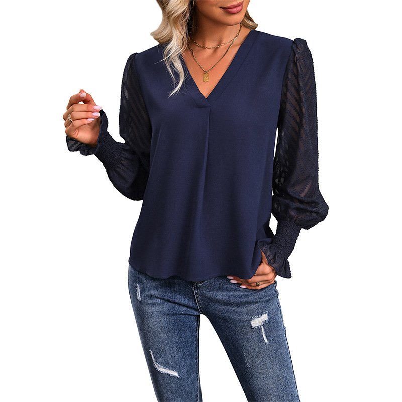 Women's Long Sleeve Blouse Spring/Fall Plain Lace V Neck Daily Going Out Casual Top